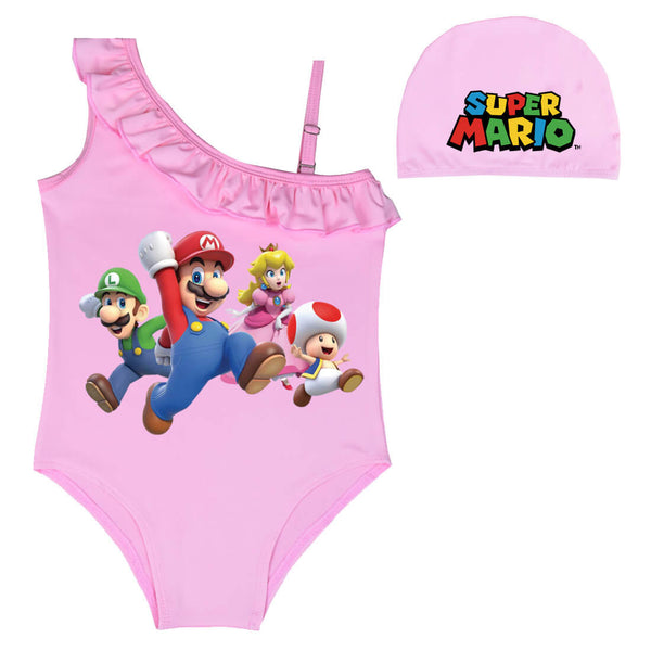 Little Girls Super Mario Print Ruffle Shoulder One Piece Swimwear