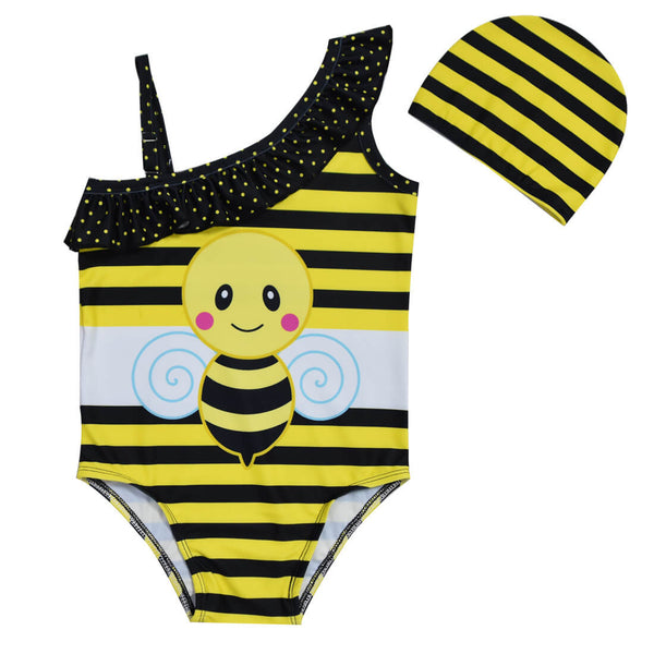 Little Girls Cute Little Bee Print Ruffle Shoulder One Piece Swimsuit