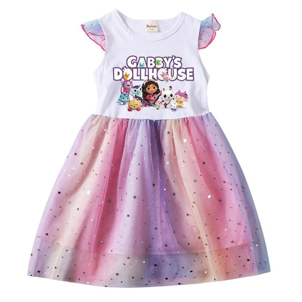Cat Tastic Gabbys Dollhouse Print Girls Frill Rainbow Sequin Dress