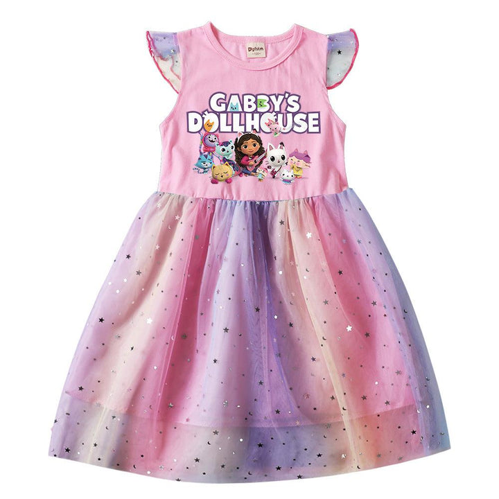 Cat Tastic Gabbys Dollhouse Print Girls Frill Rainbow Sequin Dress - pinkfad
