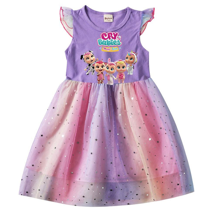 Magic Tears Cry Babies Print Girls Frill Sleeve Sequin Mesh Dress - pinkfad