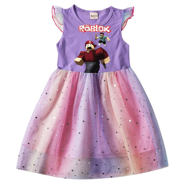 Girls Roblox Arsenal Code Print Frill Sleeve Rainbow Sequin Mesh Dress - pinkfad