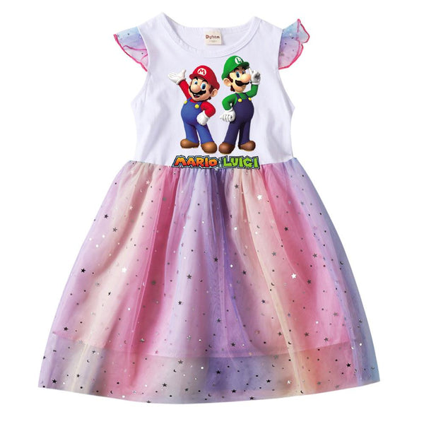 Girls Super Mario Luigi Print Frill Sleeve Sequin Rainbow Mesh Dress