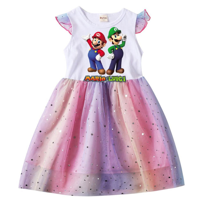 Girls Super Mario Luigi Print Frill Sleeve Sequin Rainbow Mesh Dress