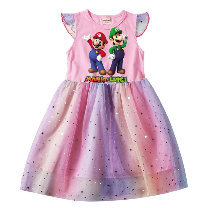 Girls Super Mario Luigi Print Frill Sleeve Sequin Rainbow Mesh Dress - pinkfad