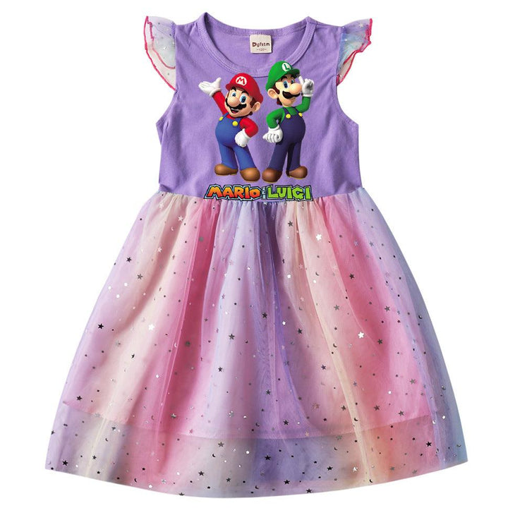 Girls Super Mario Luigi Print Frill Sleeve Sequin Rainbow Mesh Dress - pinkfad