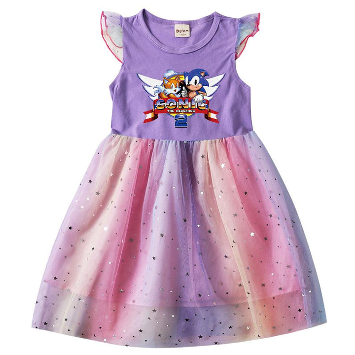 Girls Sonic The Hedgehog 2 Print Rainbow Star Sequin Mesh Frill Dress - pinkfad