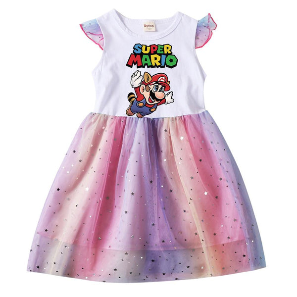 Flying Super Mario Print Girls Star Moon Sequins Rainbow Mesh Dress