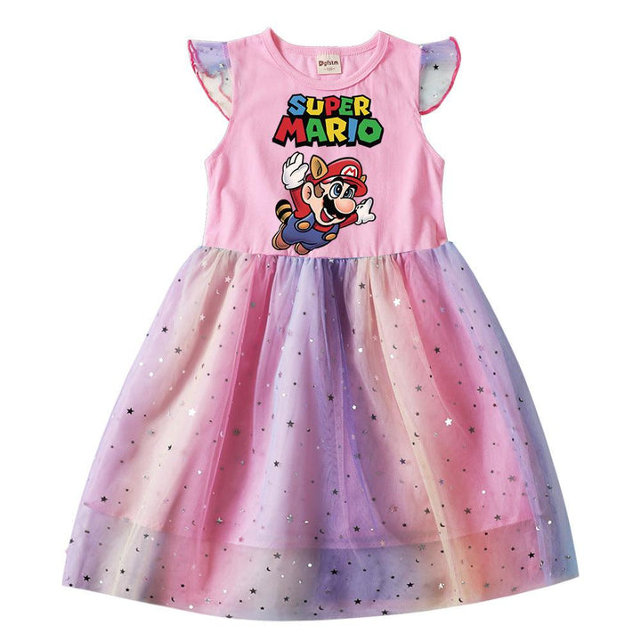 Flying Super Mario Print Girls Star Moon Sequins Rainbow Mesh Dress - pinkfad