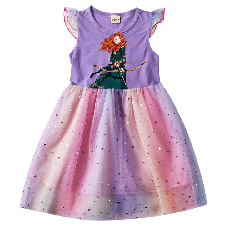 Brave Merida Print Girls Frill Sleeve Rainbow Sequin Mesh Summer Dress - pinkfad