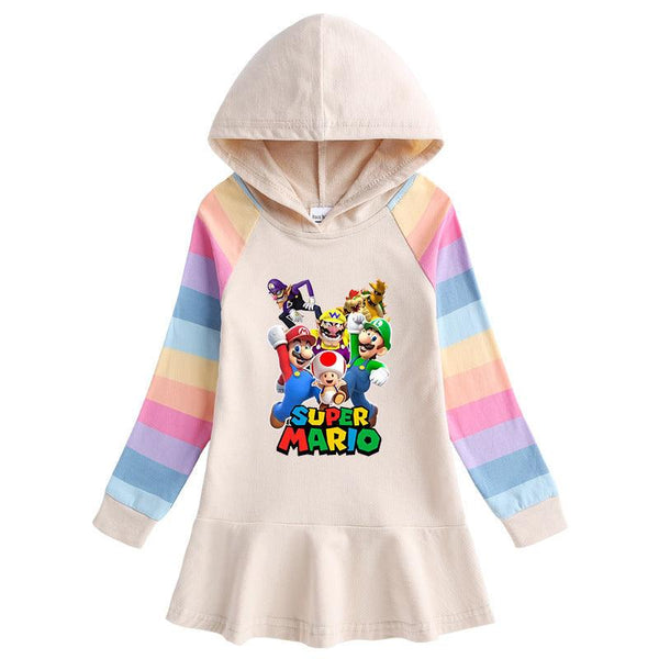 Girls Super Mario Print Long Rainbow Sleeves Hooded Jersey Dress
