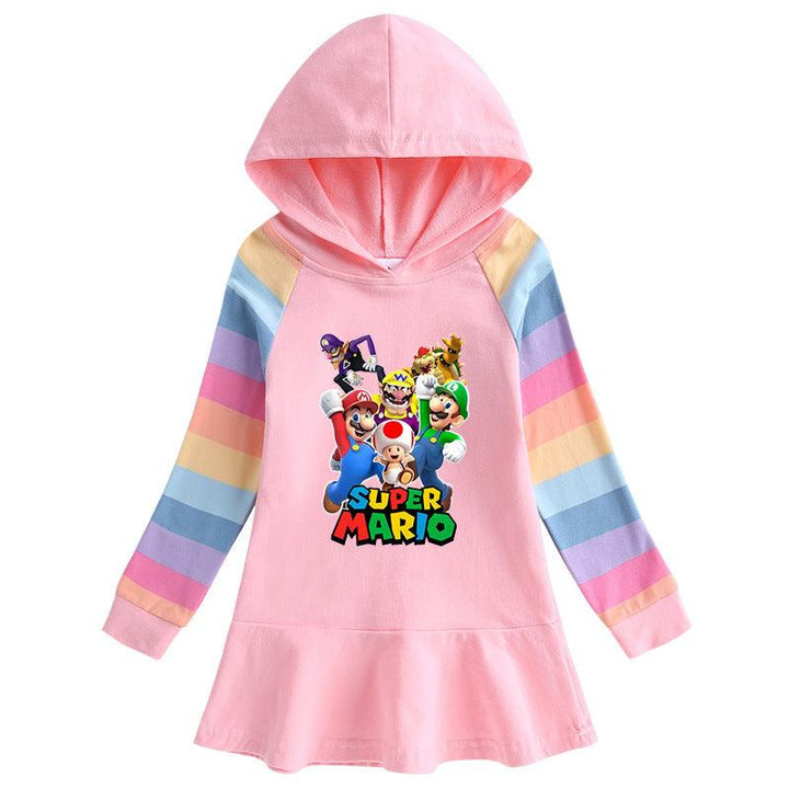Girls Super Mario Print Long Rainbow Sleeves Hooded Jersey Dress - pinkfad