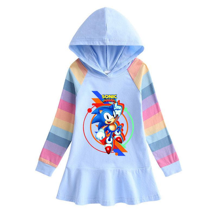 Girls Sonic Mania Print Hooded Ruffle Hem Long Rainbow Sleeves Dress - pinkfad