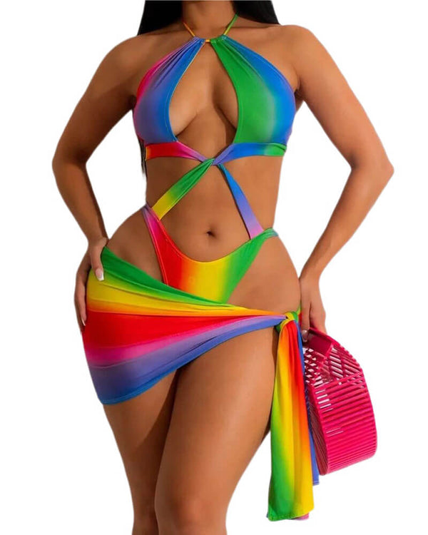 Womens Rainbow Bikini Top Triangle Bottom Beach Cover-up Swimsuit Sets