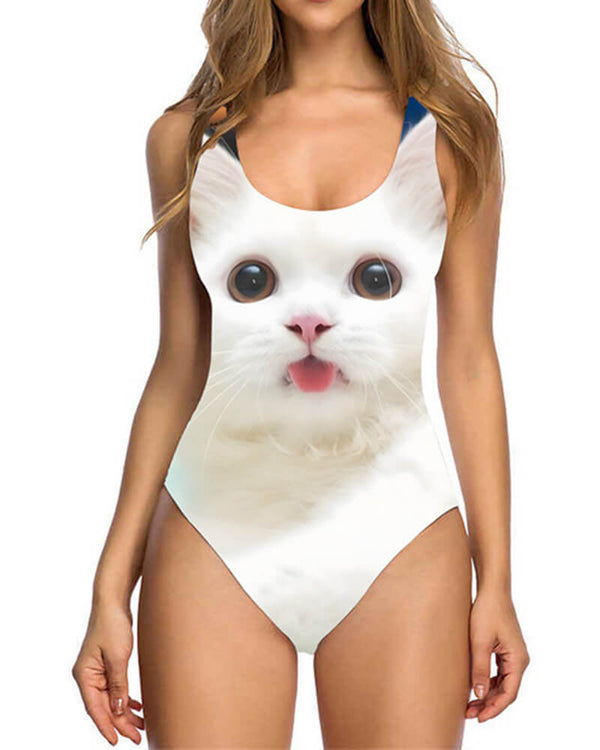 Womens Cute Kitty Print Front And Back Padded One Piece Swimsuit