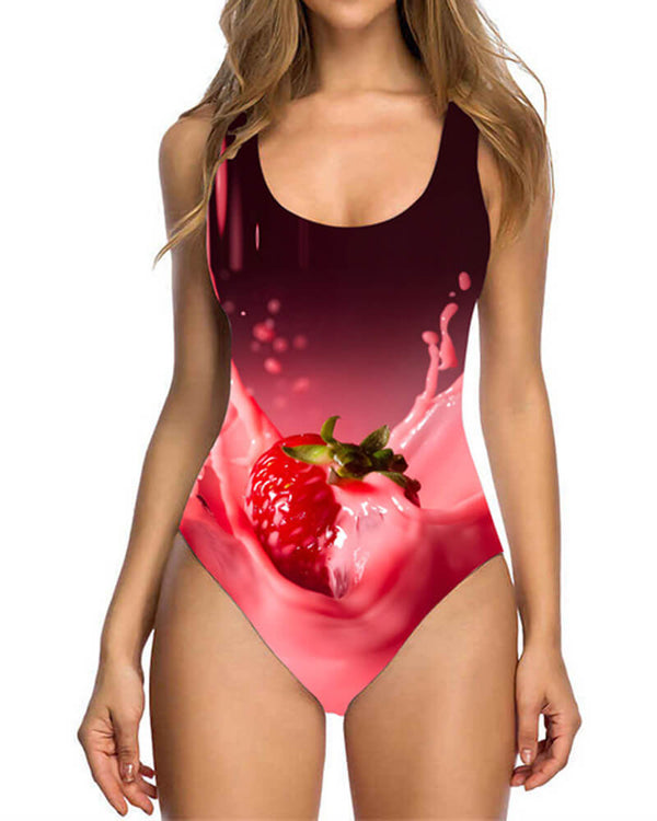 Womens Strawberry Jump Into Milk Print Padded One Piece Swimsuit