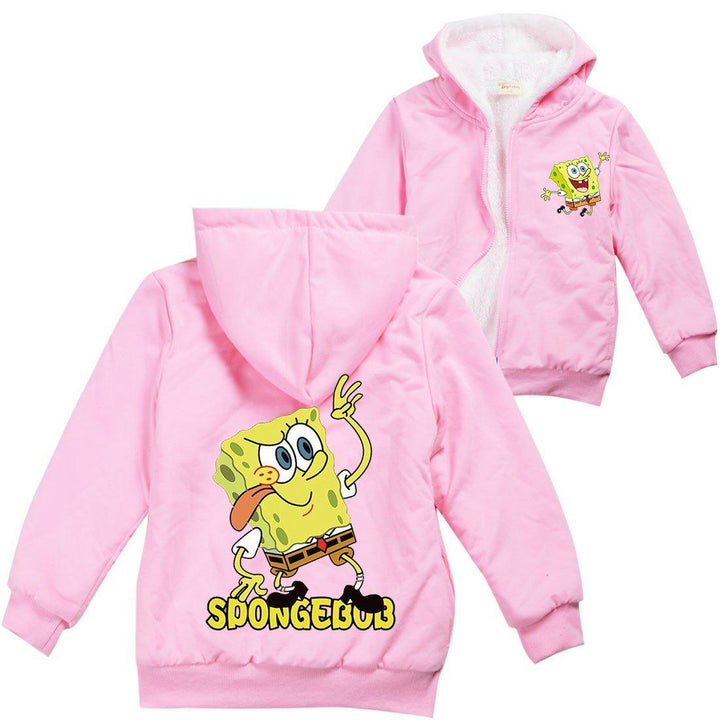 SpongeBob Squarepants Print Kids Fleece Lined Zip Up Hooded Jacket - pinkfad