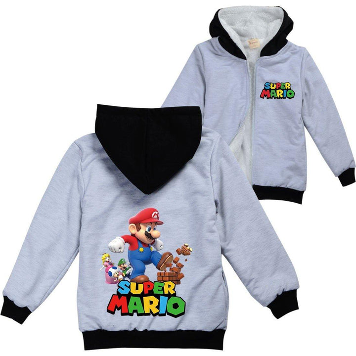 Super Mario Bro Print Girls Boys Full Zip Sherpa Fleece Lined Hoodie
