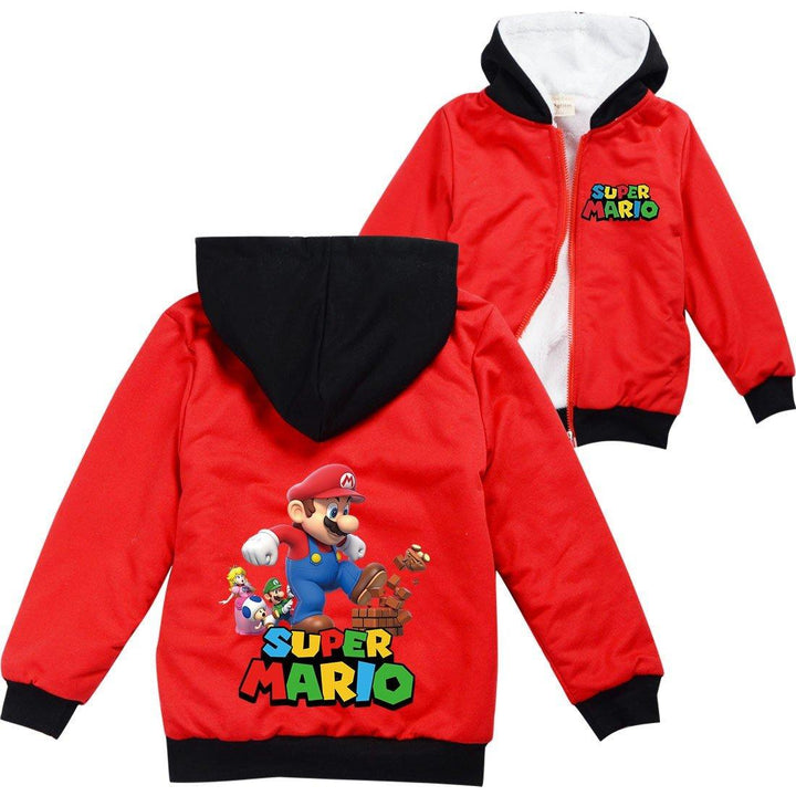 Super Mario Bro Print Girls Boys Full Zip Sherpa Fleece Lined Hoodie - pinkfad