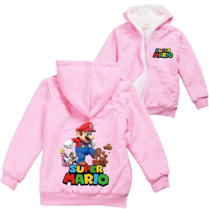 Super Mario Bro Print Girls Boys Full Zip Sherpa Fleece Lined Hoodie - pinkfad
