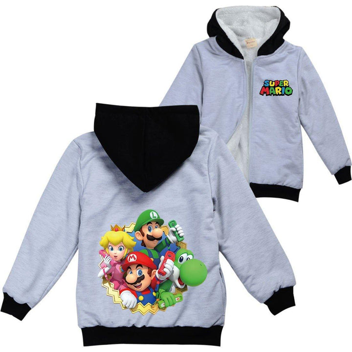 Girls Boys Super Mario Bro Print Sherpa Fleece Lined Full Zip Hoodie