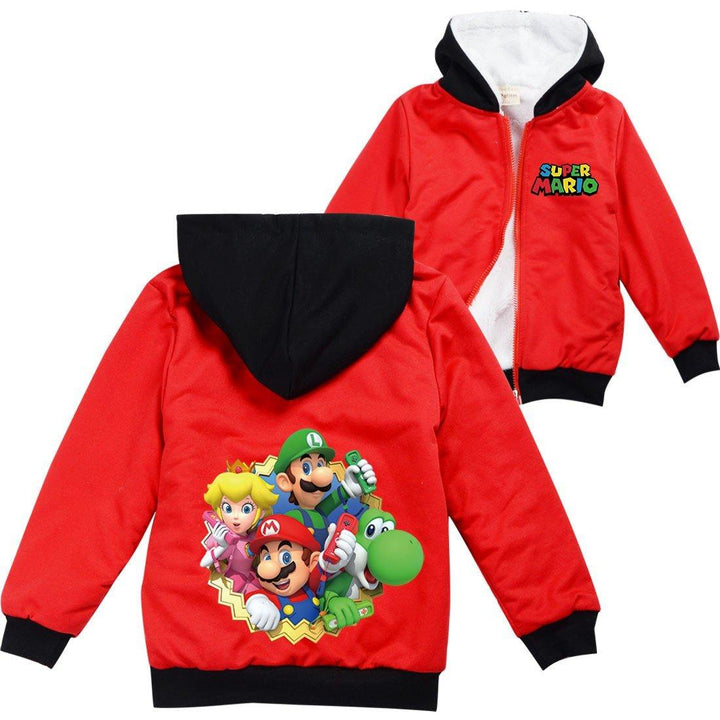 Girls Boys Super Mario Bro Print Sherpa Fleece Lined Full Zip Hoodie - pinkfad