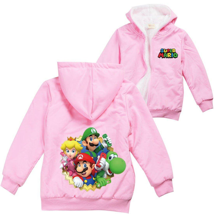 Girls Boys Super Mario Bro Print Sherpa Fleece Lined Full Zip Hoodie - pinkfad