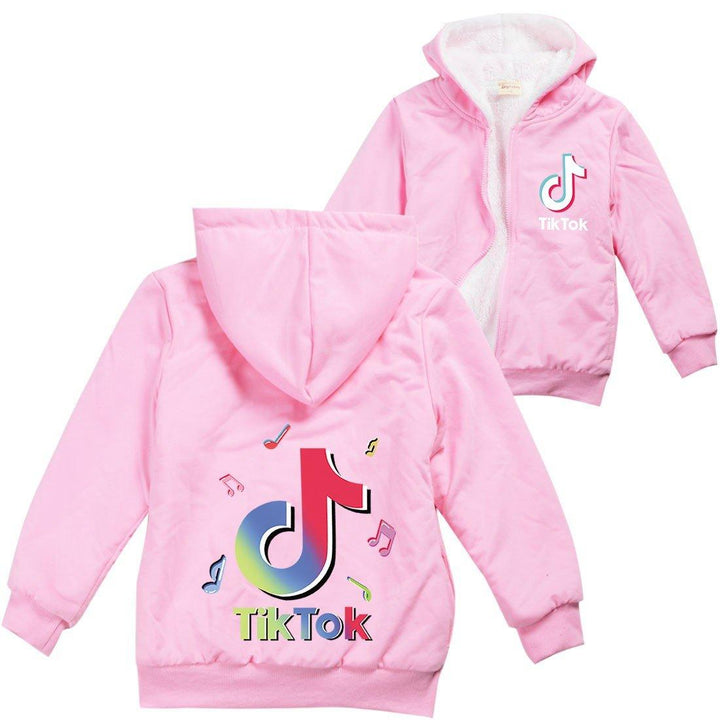 Tik Tok Print Girls Boys Zip Up Hooded Sherpa Fleece Lined Sweatshirt - pinkfad