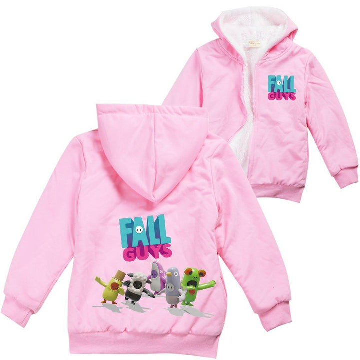 Fall Guys Print Girls Sherpa Fleece Lined Zip Up Hooded Sweatshirt - pinkfad