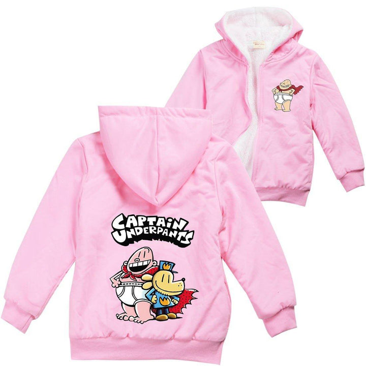 Captain Underpants Print Girls Boys Sherpa Fleece Lined Zip Up Hoodie - pinkfad