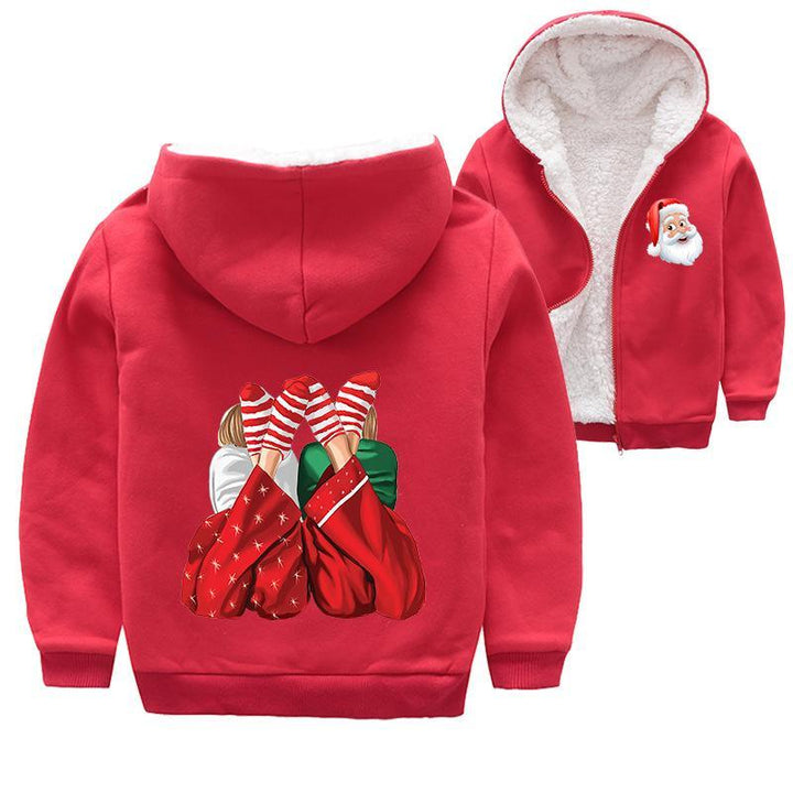 Sweet Red Merry Christmas Print Girls Boys Fleece Lined Hoodie Coat