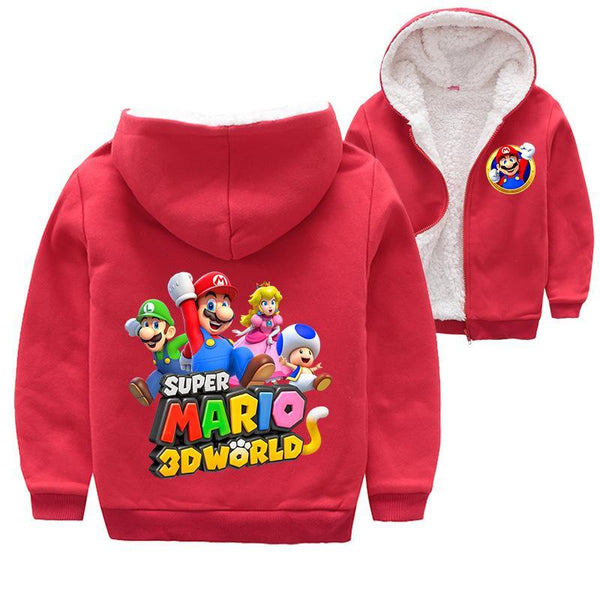 Super Mario 3D Worlds Print Girls Boys Fleece Lined Cotton Zip Hoodie