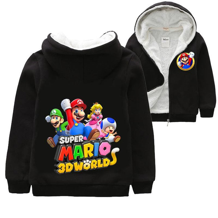 Super Mario 3D Worlds Print Girls Boys Fleece Lined Cotton Zip Hoodie - pinkfad