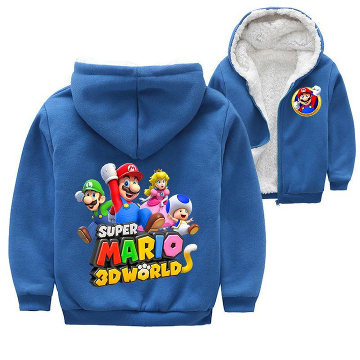 Super Mario 3D Worlds Print Girls Boys Fleece Lined Cotton Zip Hoodie - pinkfad