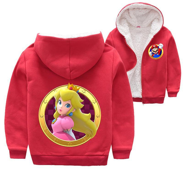 Super Mario Princess Peach Print Girls Boys Fleece Lined Hoodie Coat