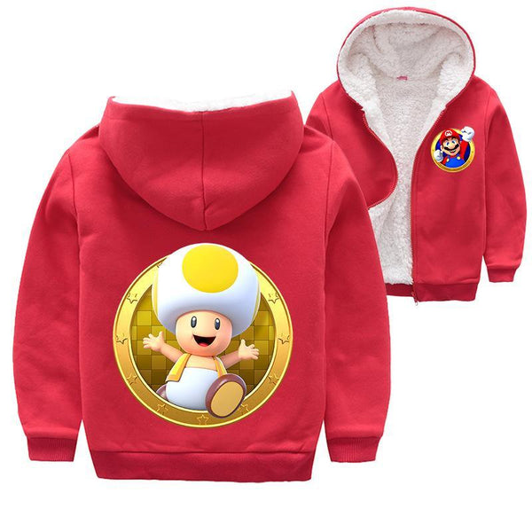 Super Mario Toad Print Girls Boys Fleece Lined Cotton Hoodie Jacket