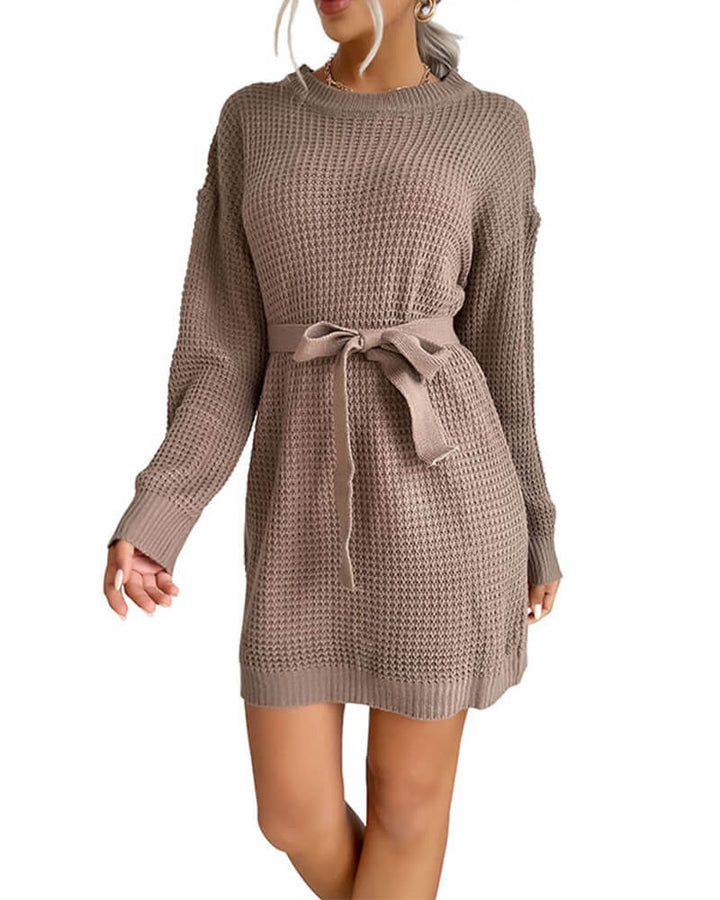 Solid Color Soft Crew Neck Mini Sweater Dress With Belt In Taupe
