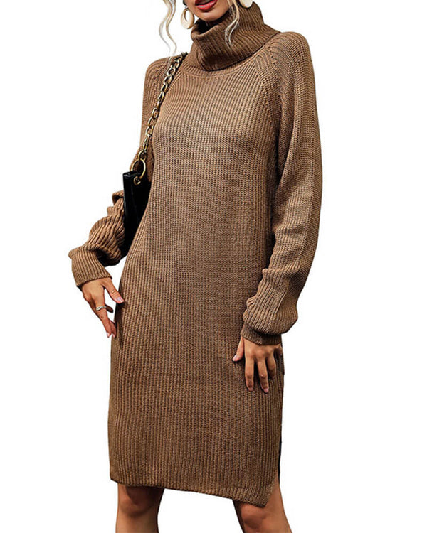 High Neck Solid Color Side Split Sweater Dress