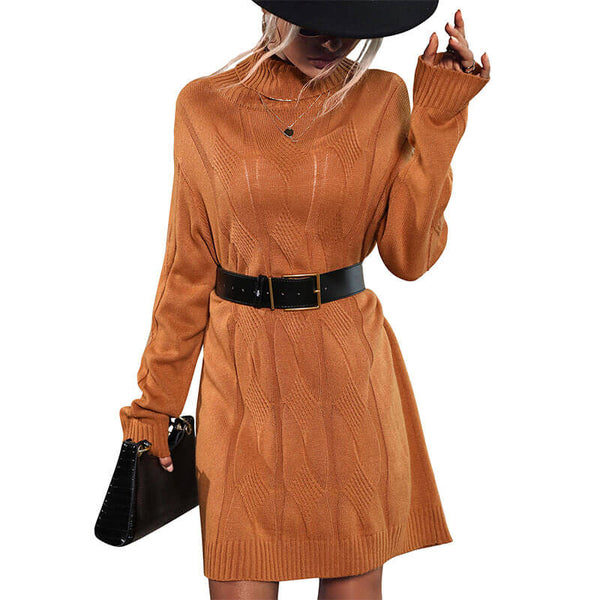 Dark Camel High Neck Wide Cable Knit Sweater Dress