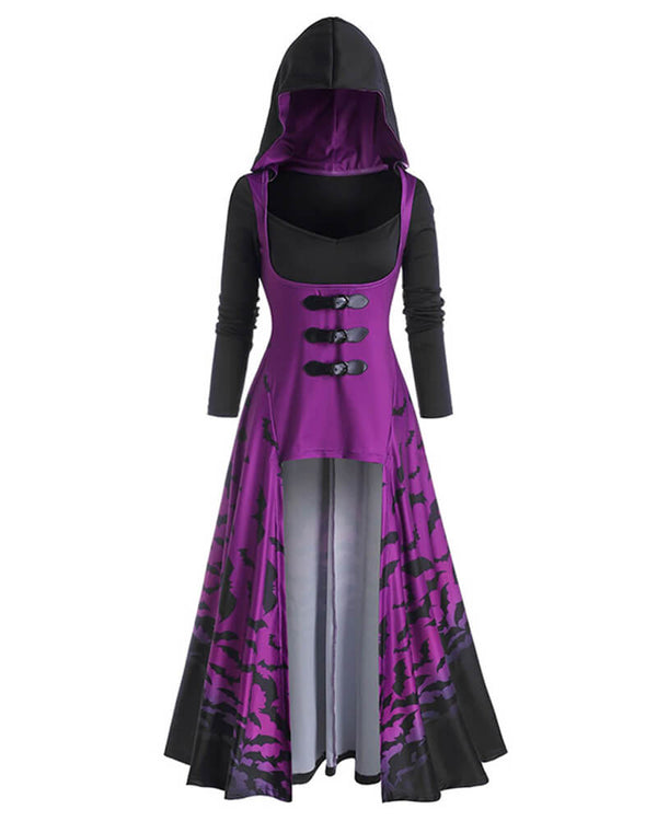Purple Bat Vampiress Hooded Cloak Dress Halloween Cosplay Costume