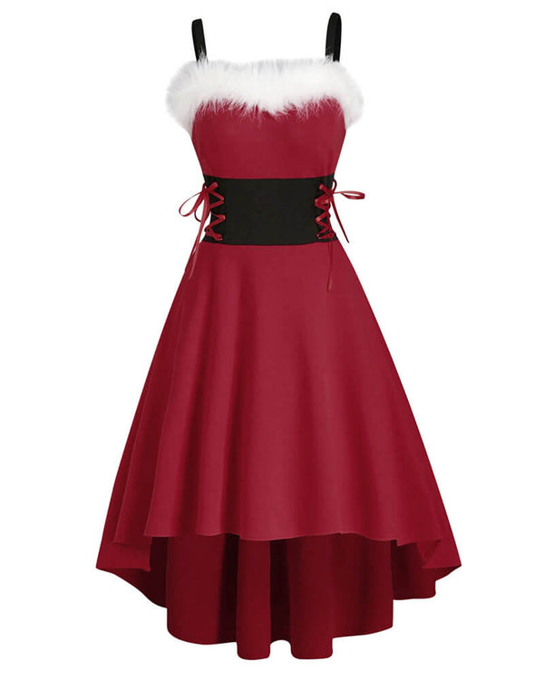 Womens Furry Santa Girl Christmas Elf Red Slip High Low Dress Costume