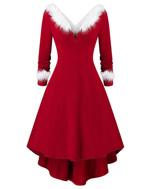 Womens Furry Hem Red Long Sleeve Santa Claus Girl Dress