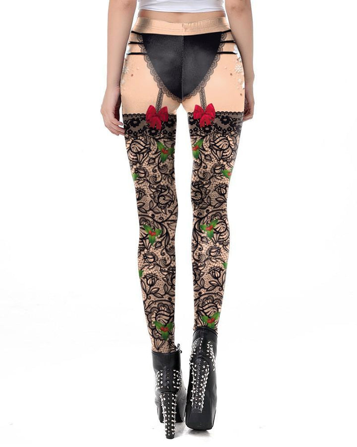 Lace Stocking Garter Belt Within Christmas Candy Print Womens Leggings - pinkfad