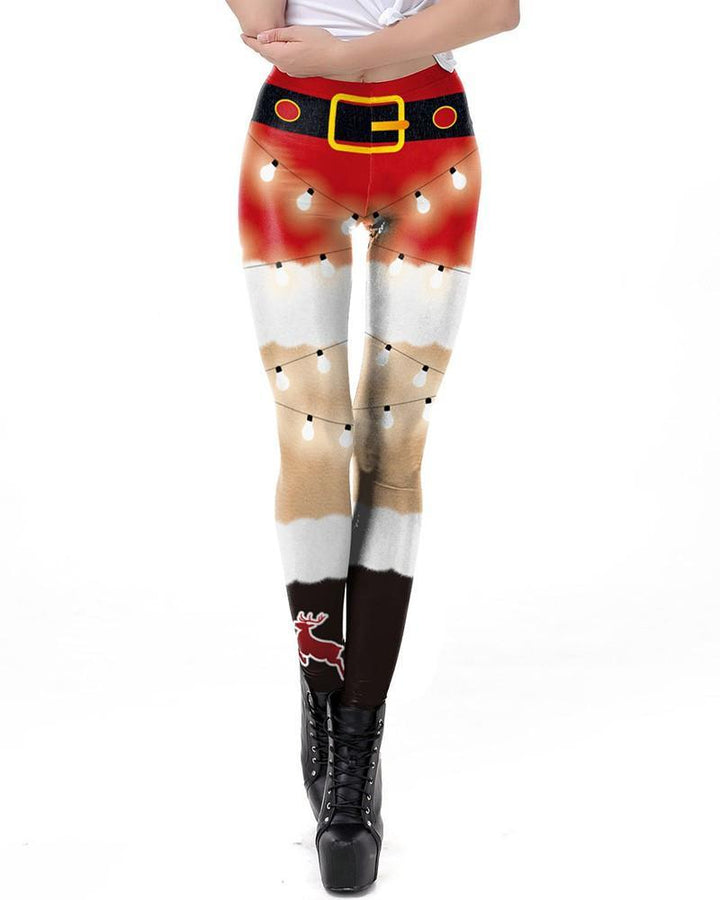 Santa Claus Fur Shorts Within Christmas Lights Printed Leggings