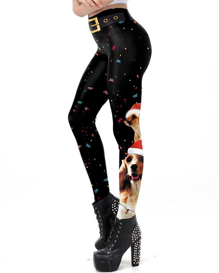 Christmas Hat Puppy Prints Black Leggings - pinkfad