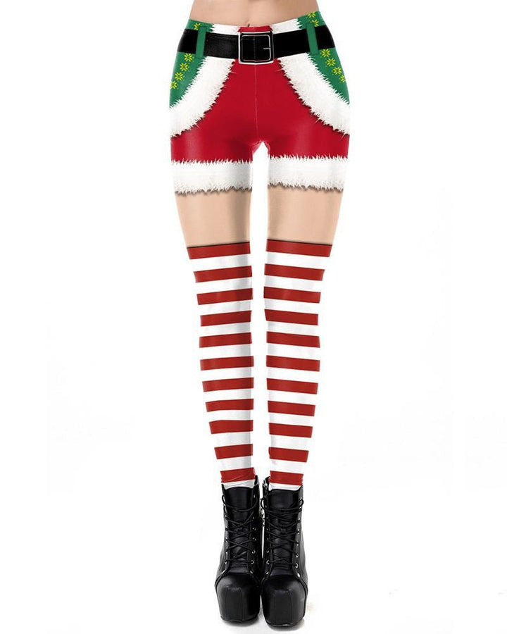 Christmas Elf Shorts Candy Stocking Prints Womens Leggings