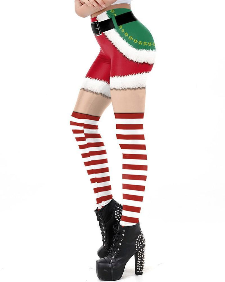 Christmas Elf Shorts Candy Stocking Prints Womens Leggings - pinkfad
