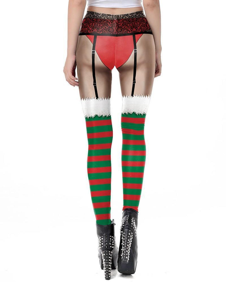 Lace Garter Belt Green Stripe Elf Stocking Print Womens Leggings - pinkfad