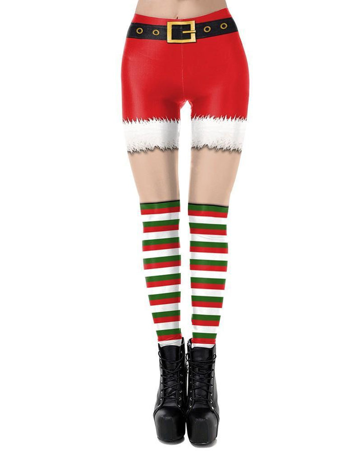 Santa Claus Fur Shorts Within Stripe Prints Leggings