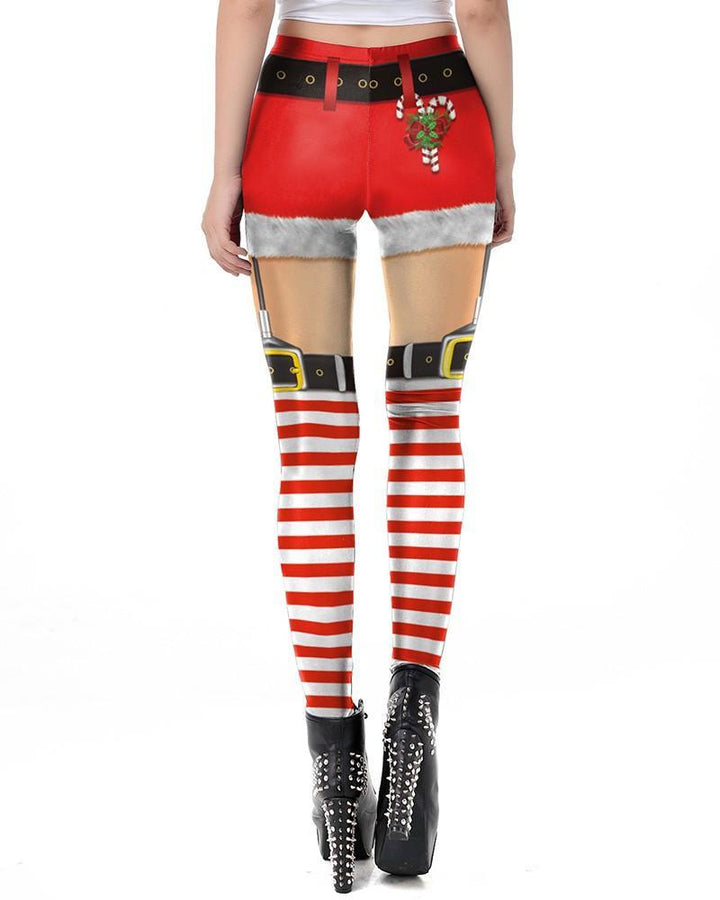 Red Christmas Shorts Candy Stockings Prints Womens Leggings - pinkfad